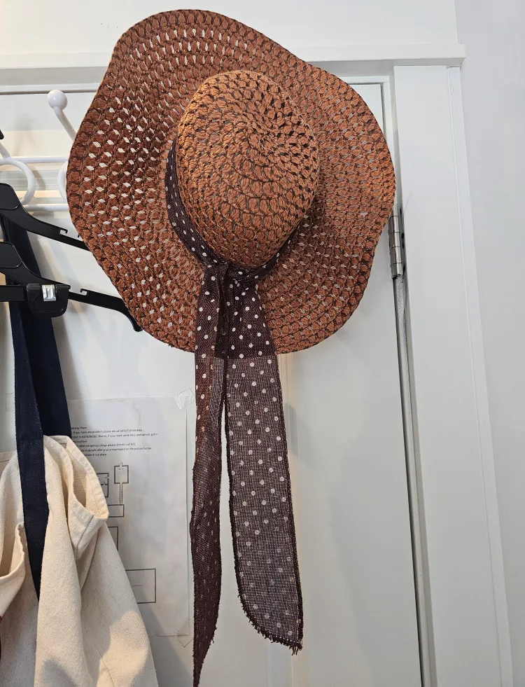 Brown Woven Sun Hat with Polka Dot Ribbon thumbnail