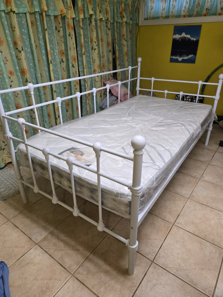 White Metal Bed Frame with Mattress