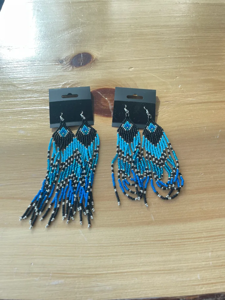 Handmade Beaded Fringe Earrings - Blue & Black thumbnail