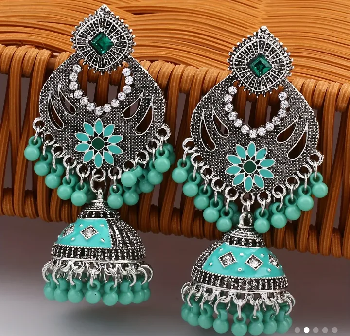 Teal Jhumka Earrings - Boho Style thumbnail