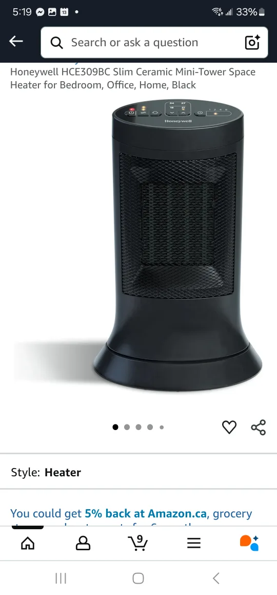 Honeywell HCE309BC Slim Ceramic Mini-Tower Heater - NEW thumbnail