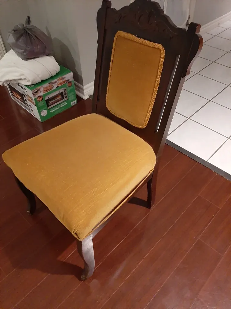 Antique Wooden Chair with Mustard Yellow Velvet Upholstery image indicator(2)