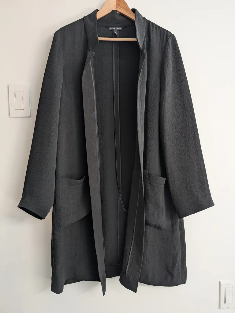 Eileen Fisher Black silk open front trench cardi Jacket, Size L thumbnail
