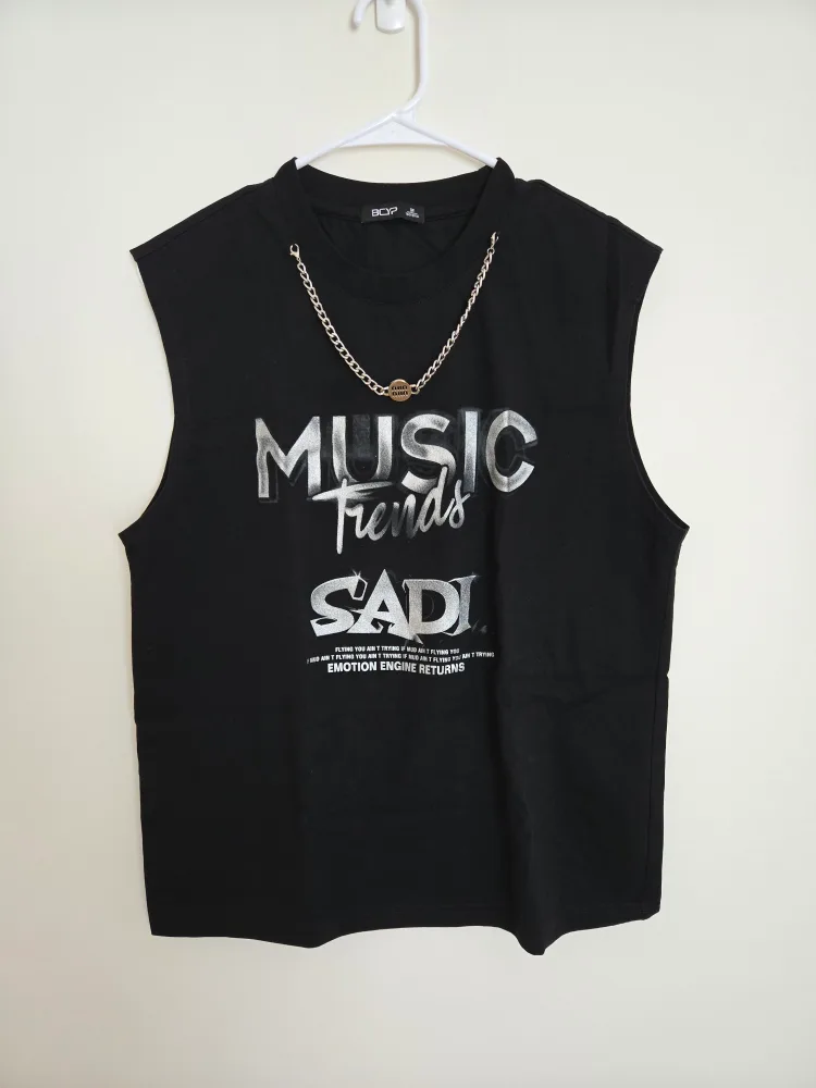 Men's Black Sleeveless Shirt with chain thumbnail