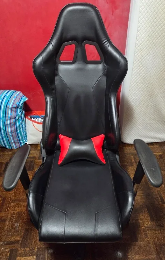 Black Gaming Chair with Foot rest & Red Accent Pillow thumbnail