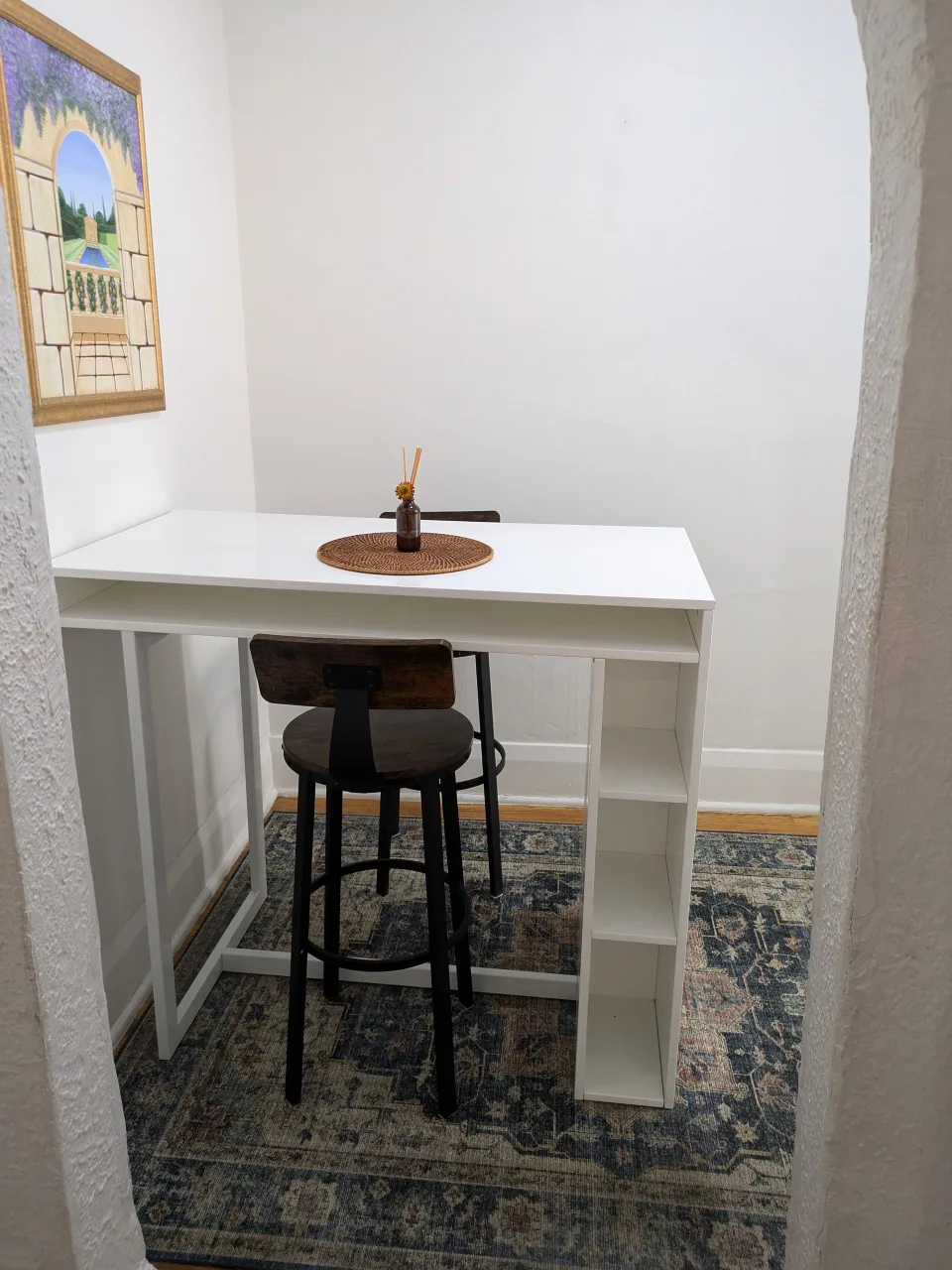 White Bar Table/Island with Storage & 2 Bar Stools thumbnail