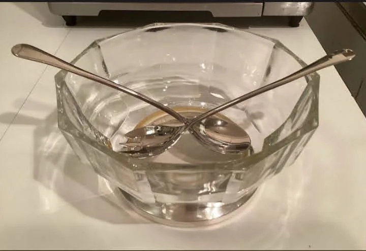 Vintage Glass Serving Bowl with Utensils thumbnail
