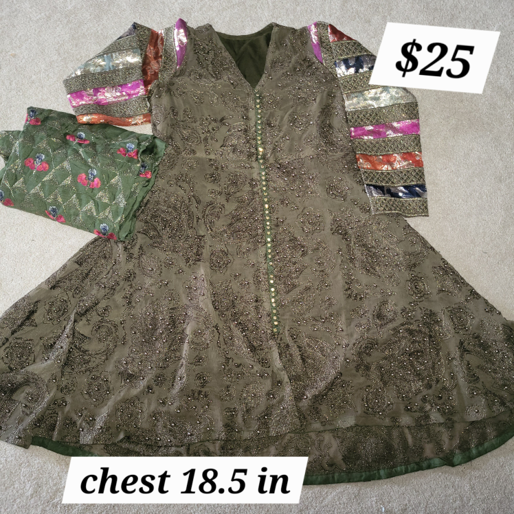Olive Green Embellished Dress Chest 18.5 in
