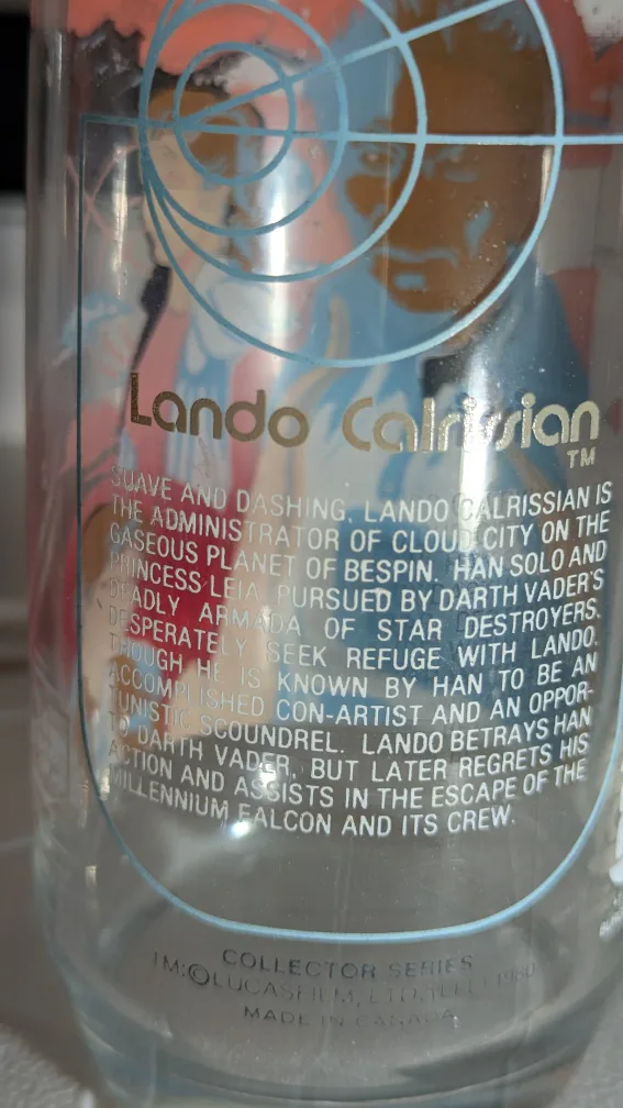 Coca Cola Lando Star Wars Glass - The Empire Strikes Back 1980 image indicator(4)