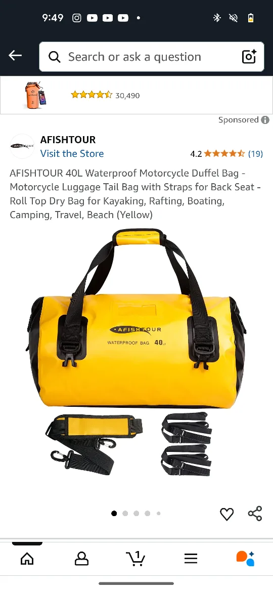 AFISHOTOUR 40L Waterproof Motorcycle Duffel Bag - Yellow thumbnail