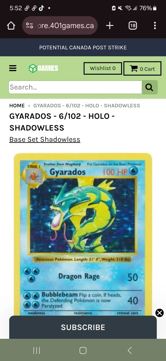 Gyarados 6/102 Holo Shadowless Base Set Pokemon Card