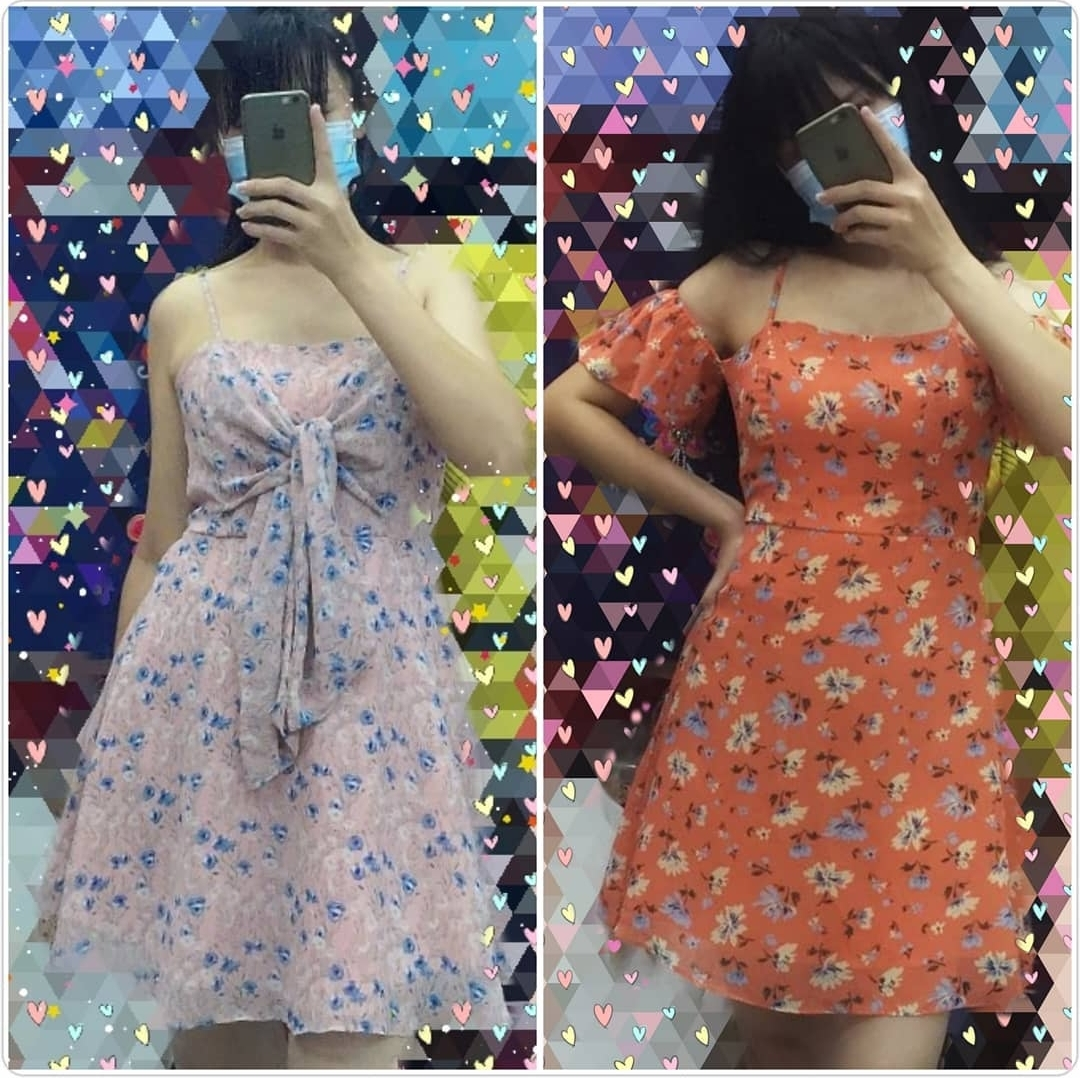 Floral Print Mini Dresses - Pink & Orange