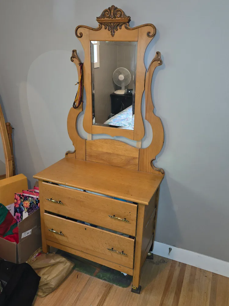 Vintage Wooden Vanity Dresser with Mirror thumbnail