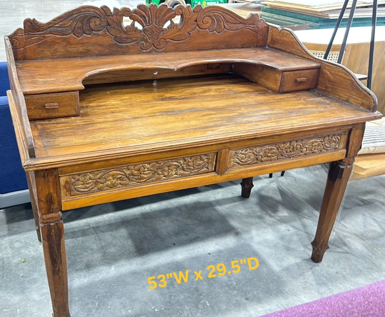 Very Nice, Very Vintage Carved Wood Desk 53"x29.5" thumbnail