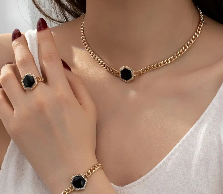 Gold Chain Jewelry Set - Necklace, Bracelet, Ring