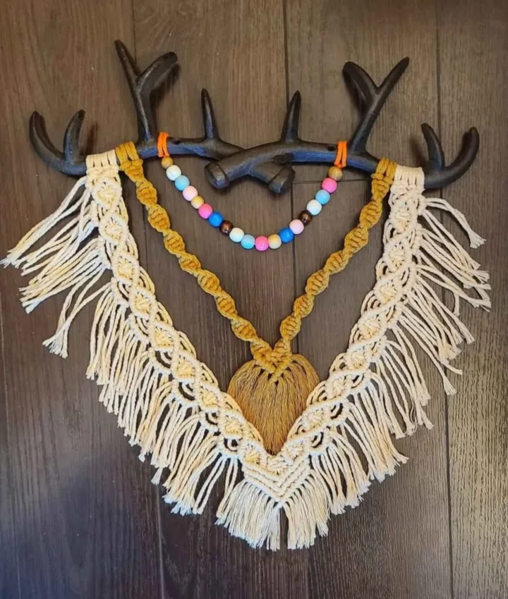 Macrame Wall Hanging with Antler Decor, cast iron key hanger thumbnail