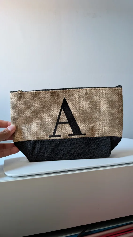 Monogrammed 'A' Burlap Cosmetic Bag thumbnail