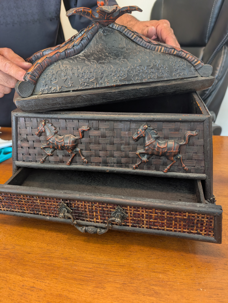 Vintage Woven Wooden Box with Horse Design
