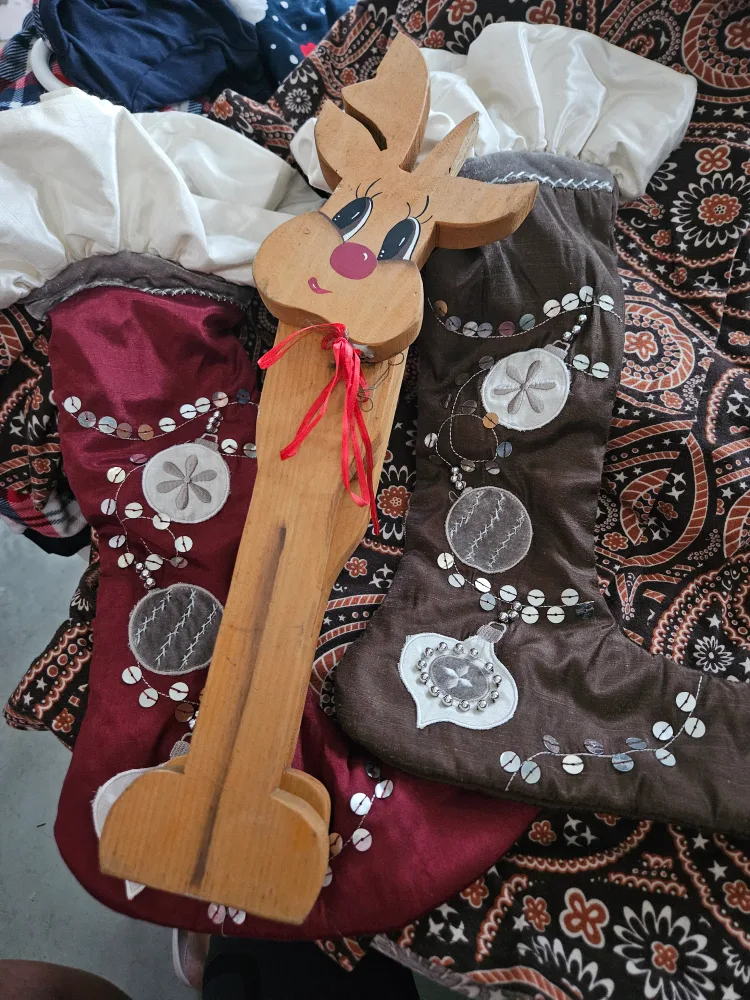 Christmas Stockings & Wooden Reindeer Decor thumbnail