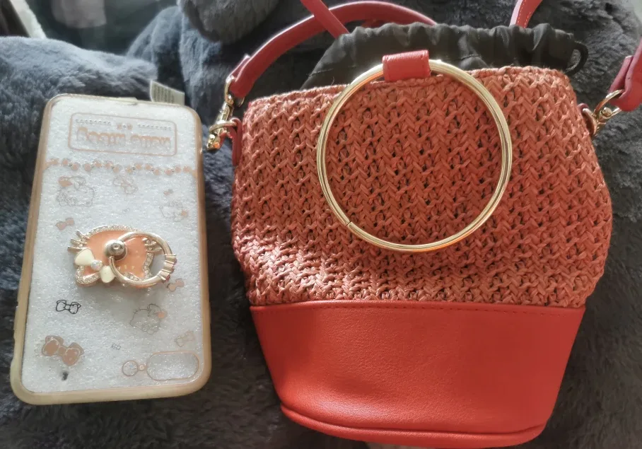 Coral Woven Bucket Bag with Ring Handle image indicator(3)