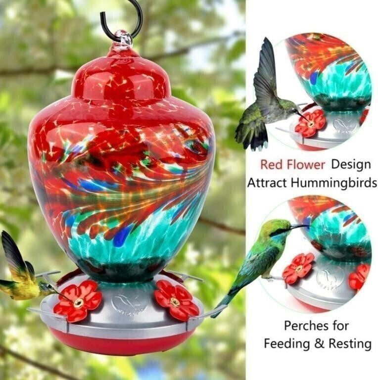 Hand Blown Glass Hummingbird Feeder - 38 oz - photo 3