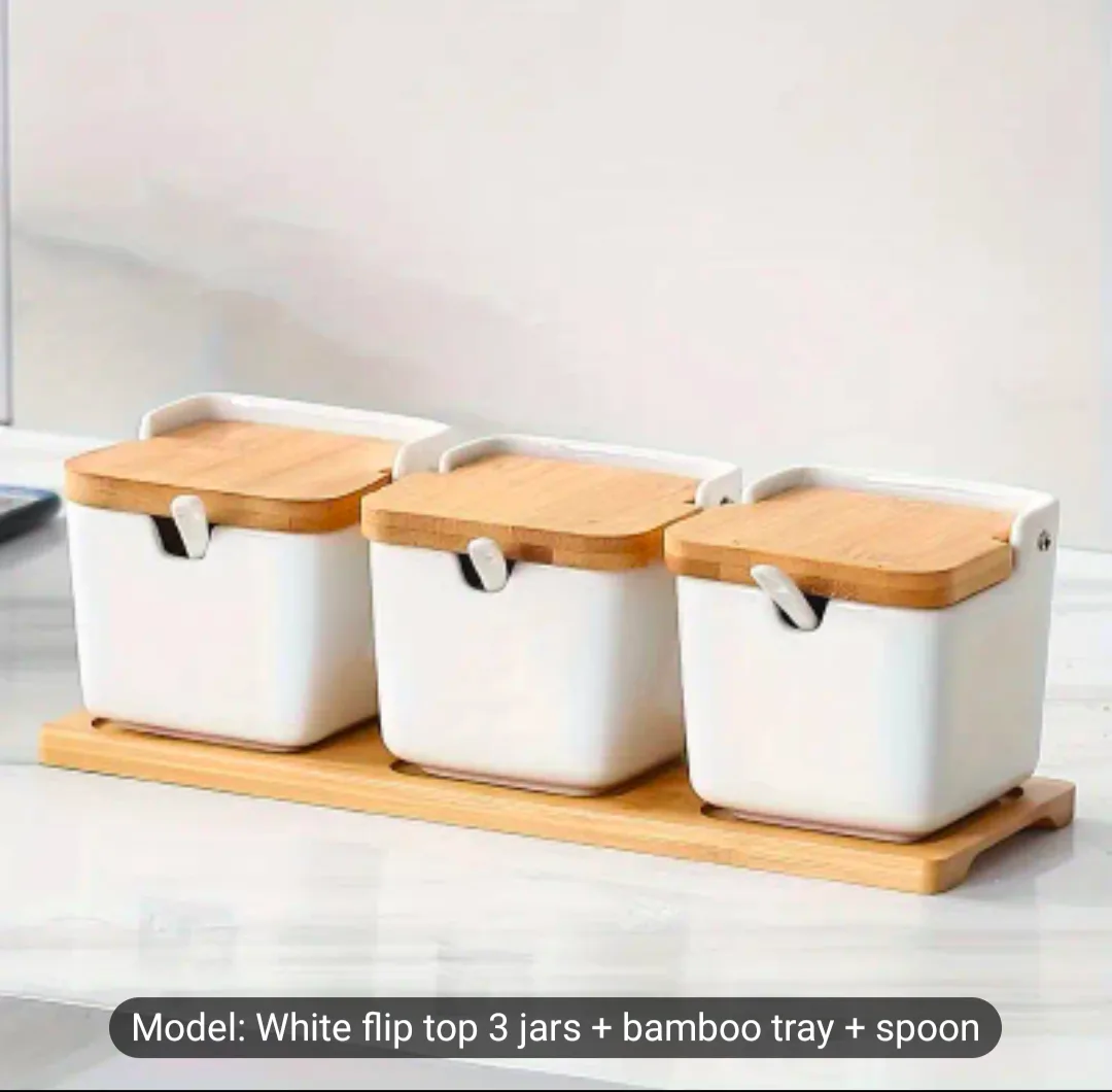 brand new White Ceramic Spice Jar Set with Bamboo Lids thumbnail