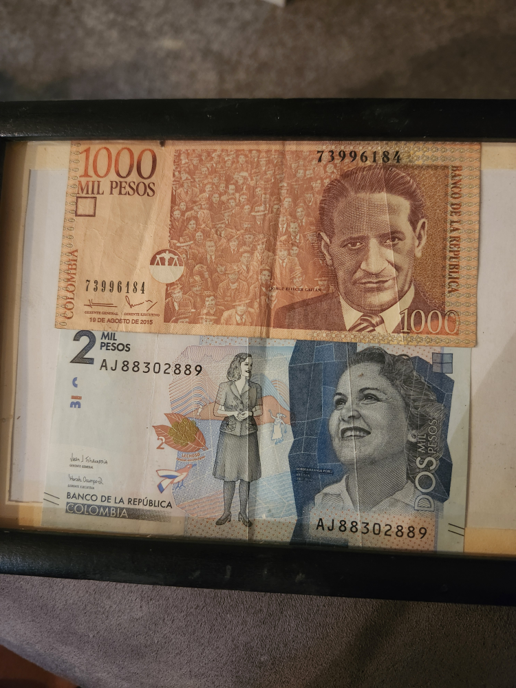 Framed Colombian 1000 & 2000 Pesos