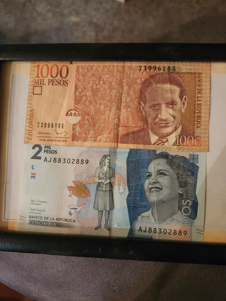 Framed Colombian 1000 & 2000 Pesos thumbnail