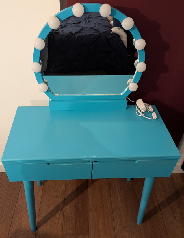 Blue Vanity Desk with Lighted Mirror