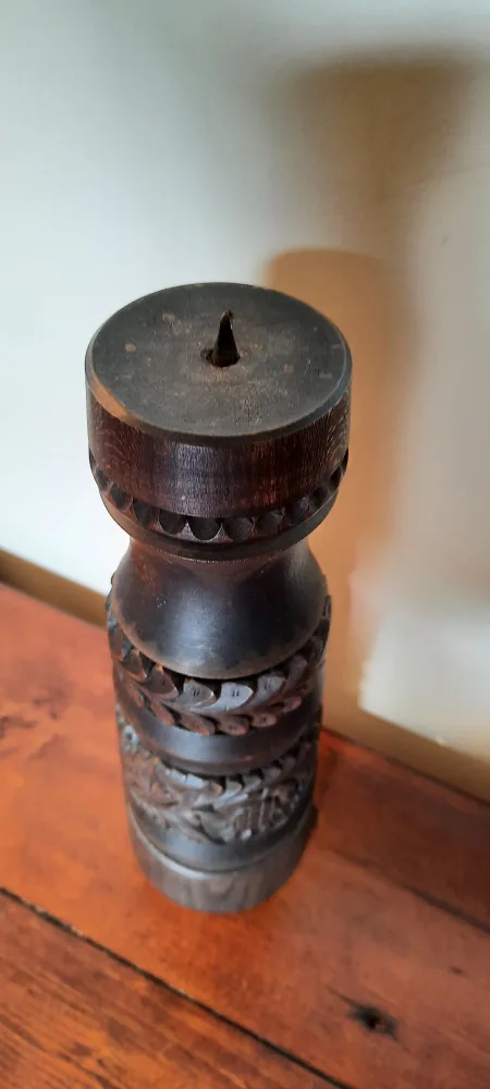 vintage HAND CARVED folk art Wooden Candle Holder thumbnail