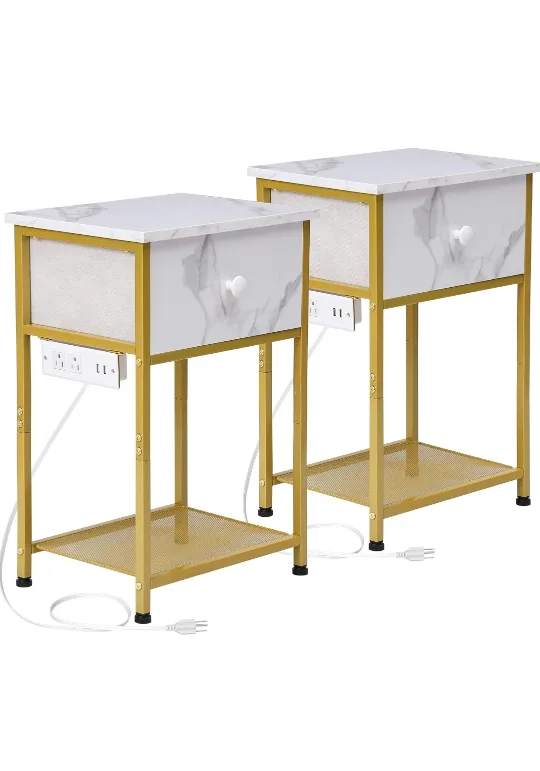 Nightstand with Charging Station - Gold/White thumbnail
