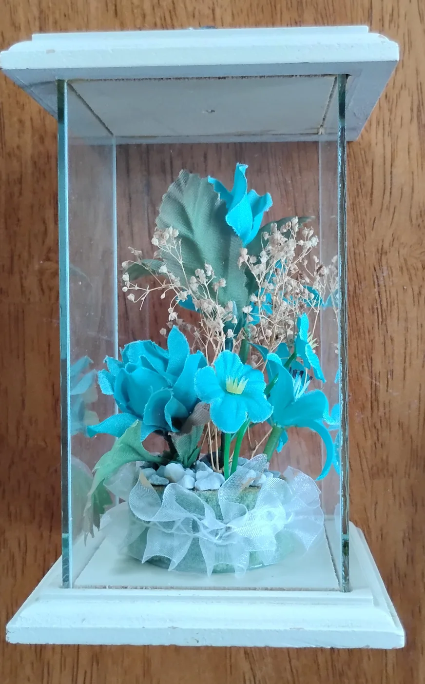 Vintage Miniature Blue Floral Arrangement in Glass Display Case thumbnail