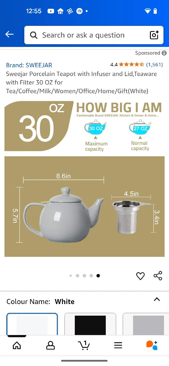 SWEJAR Porcelain Teapot with Infuser - White, 30 OZ thumbnail
