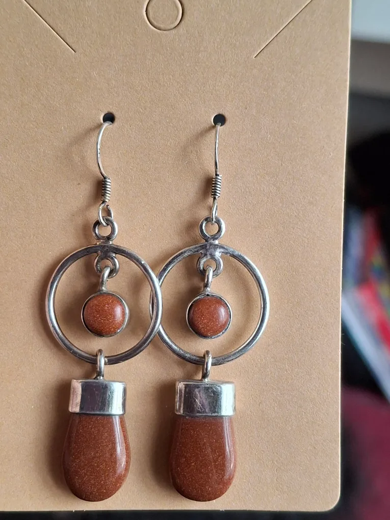 Silver Dangle Earrings with goldstone gems thumbnail