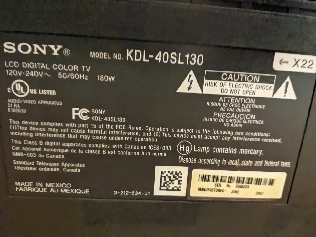 Sony TV Model No. KDL40SL130 image indicator(5)