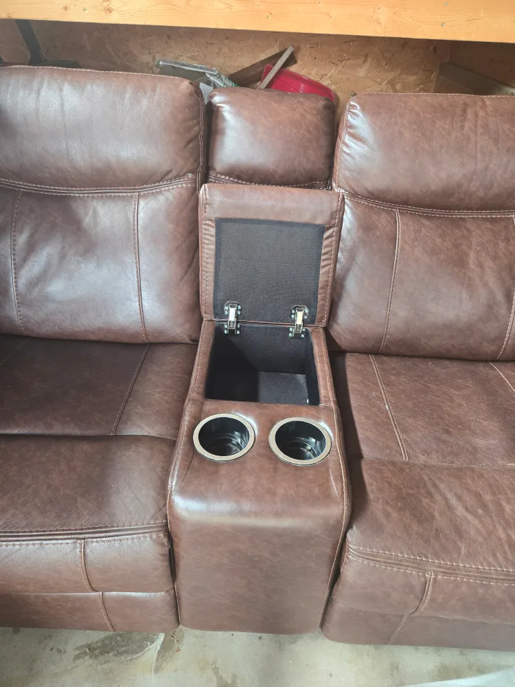 Brown Leather Reclining Loveseat with Console and cupholder thumbnail