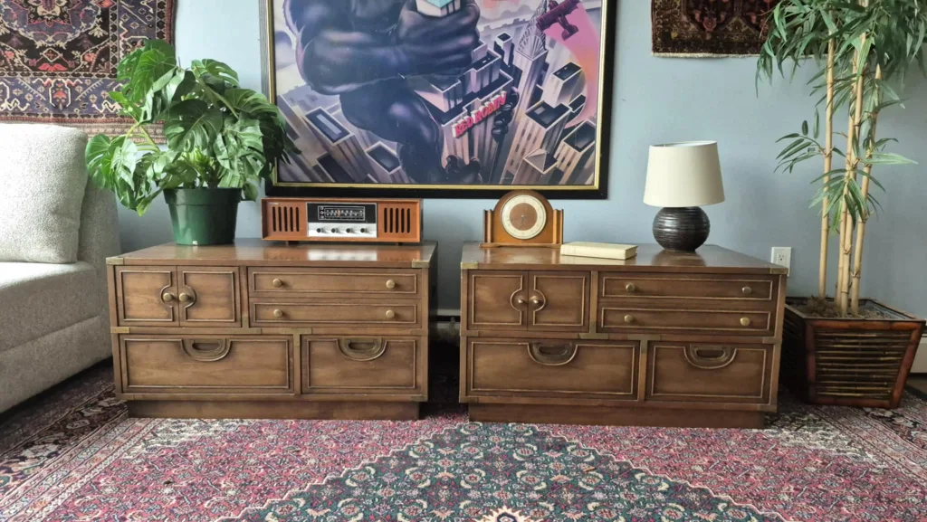 Pair of Vintage Four Drawer Walnut Campaign Dressers thumbnail