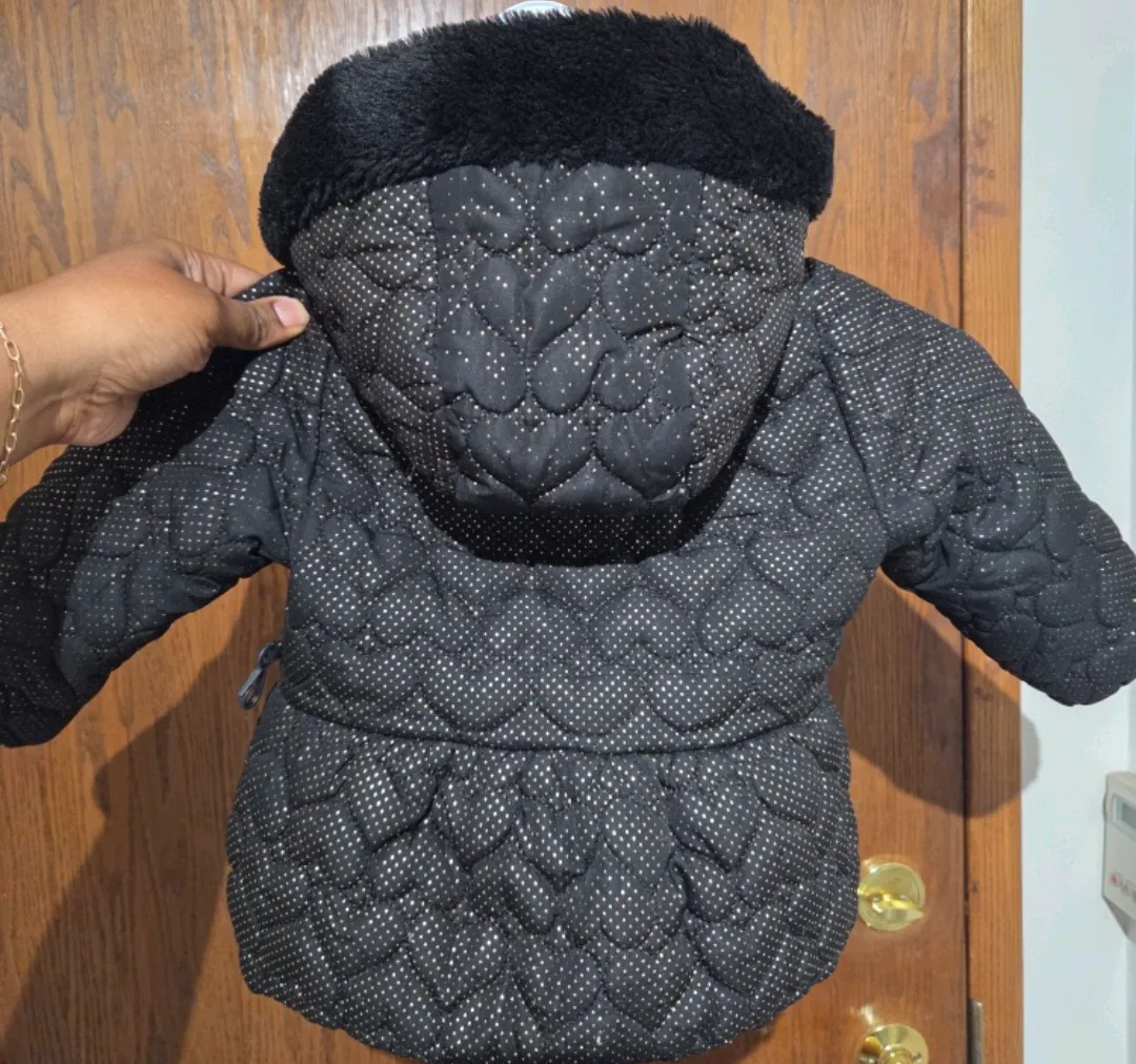 Black Quilted Baby Jacket with Fur Hood thumbnail