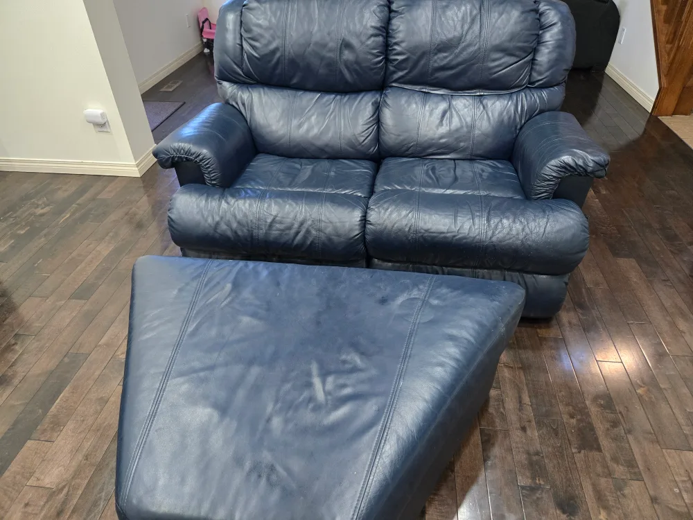 Blue Leather sectional with Ottoman thumbnail