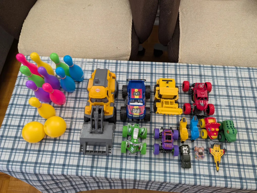 Mixed Lot of Toy Cars and Bowling Set and action figure with gun thumbnail