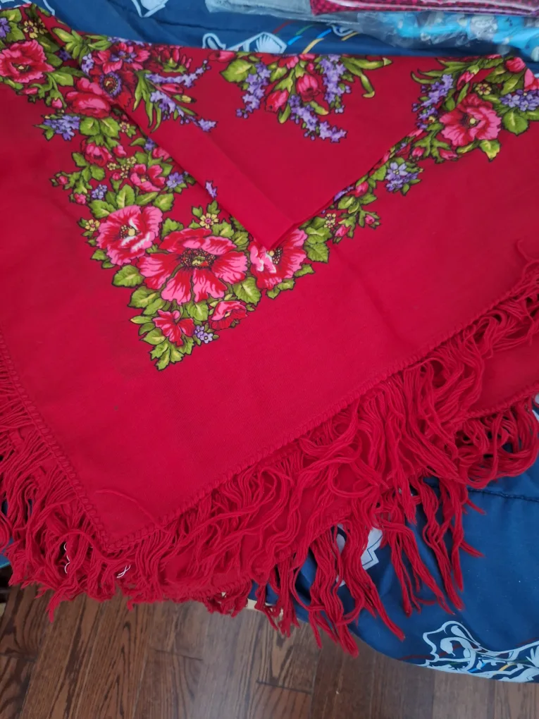 Red Floral Shawl with Fringe thumbnail