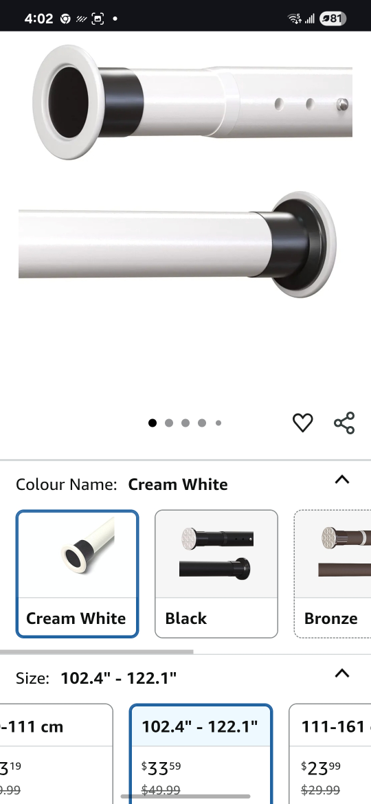 Room Divider Cream White Curtain Rod 102.4" - 122.1"