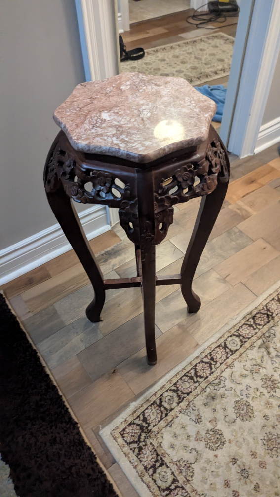 Vintage Carved Wood Plant Stand with Marble Top🇨🇦