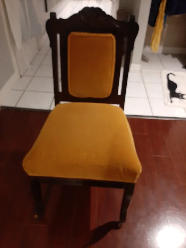 Antique Wooden Chair with Mustard Yellow Velvet Upholstery thumbnail