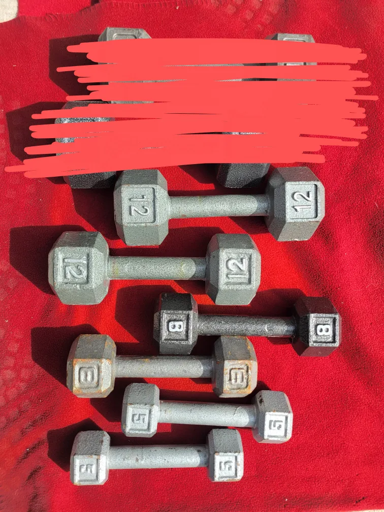 SETS OF 12s. 8s  5s  HEXHEAD DUMBBELLS.  TOTAL 50LBS thumbnail