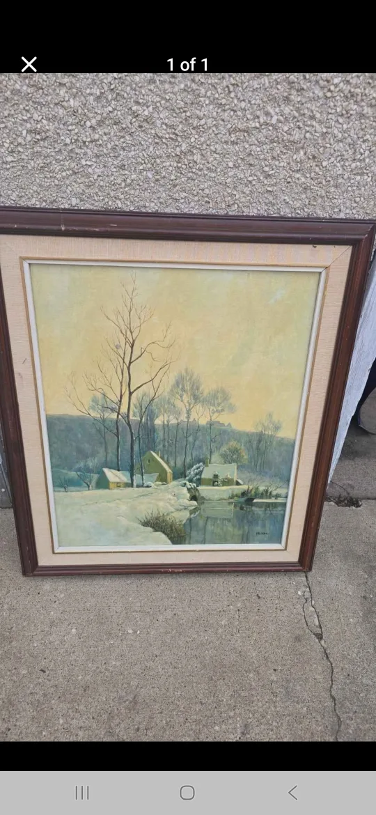 Vintage Framed Winter Landscape Painting thumbnail