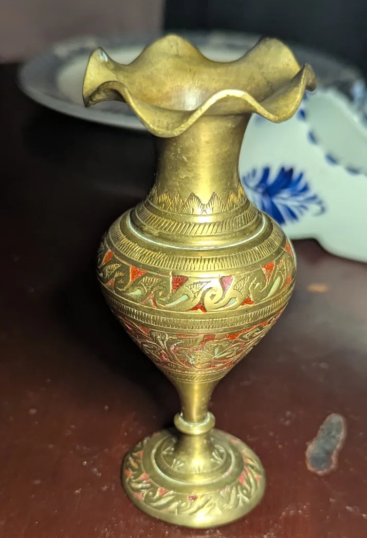 Vintage Brass Bud Vase with Floral Design thumbnail