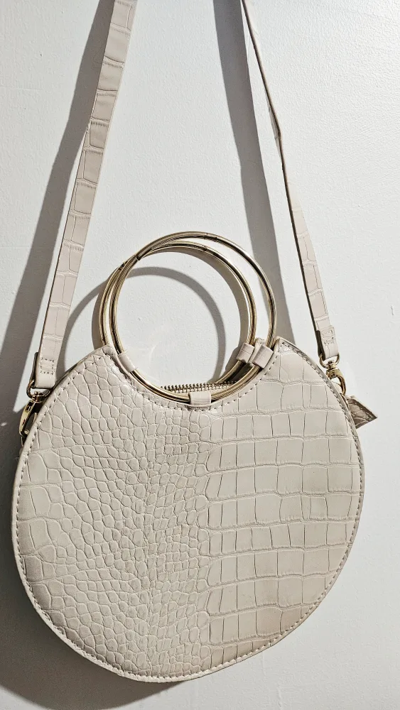 Small Round Beige Croc-Embossed Crossbody Bag thumbnail