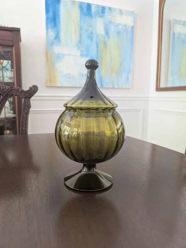 Empoli Italian Art Glass Olive Green Circus Lidded Candy Jar thumbnail