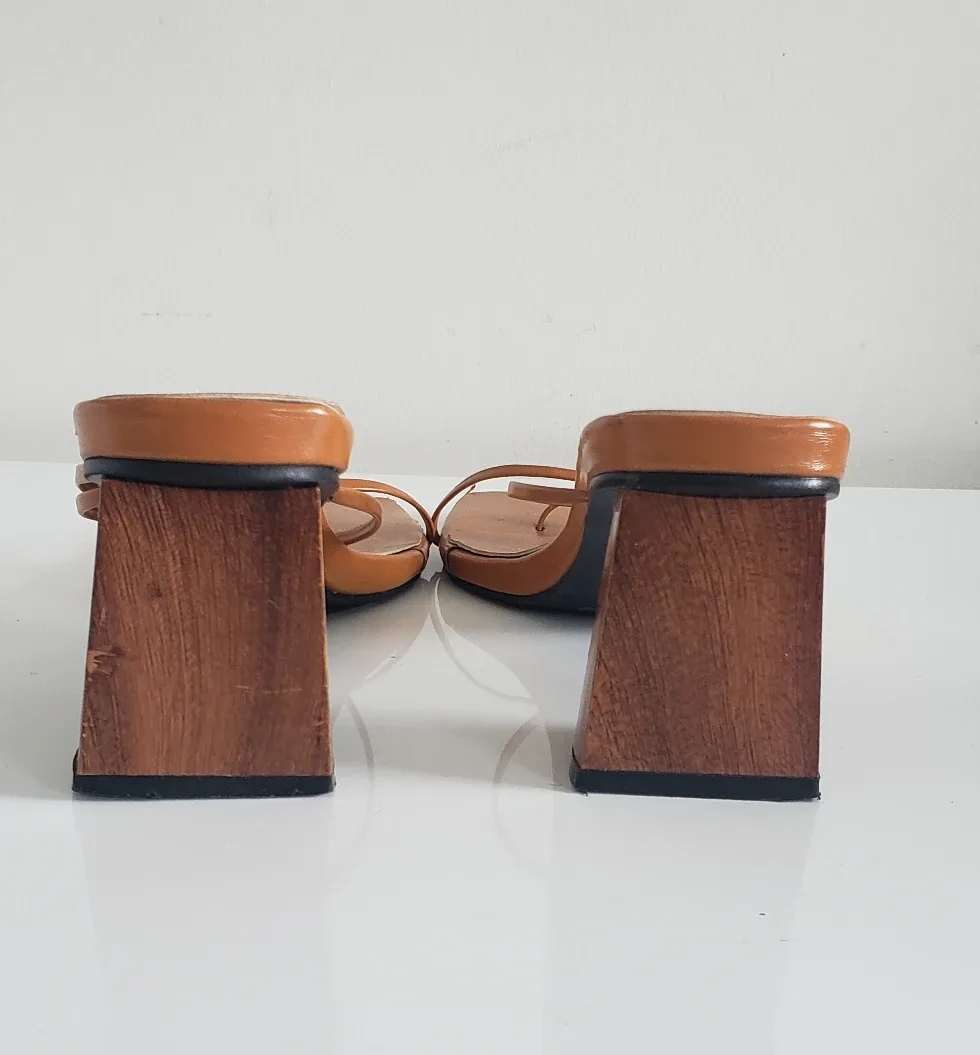 Cognac Brown Leather Strappy Sandals w/ Wood Block Heel image indicator(3)